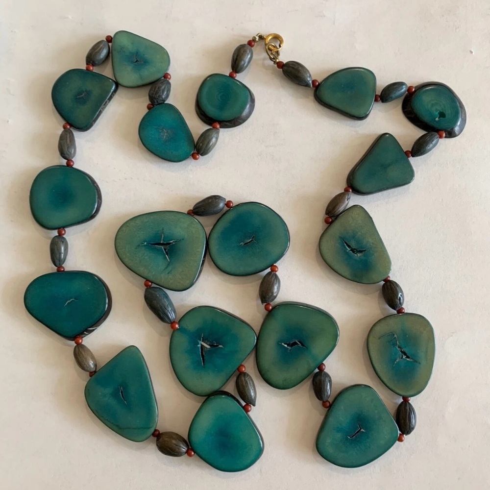 Vintage Tagua Nut Necklace Teal 30" Handmade Vegetable Ivory Boho